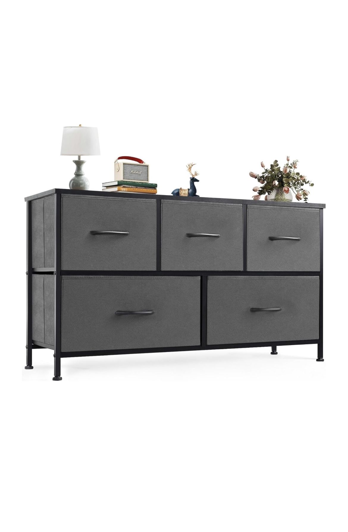 5 Drawer Fabric Dresser With Steel Frame And Wood Top - New In Box