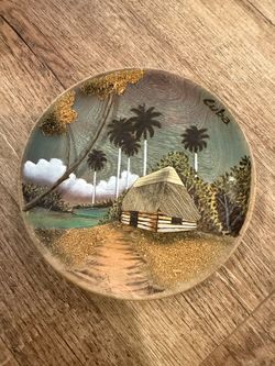 Handmade Hand-Painted wood Art Decorative Plate Tropical Landscape Cuba 7”