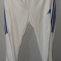 Adidas Mens Track Pants Size XL Football White Blue Stripe Tapered Fit Zip Legs