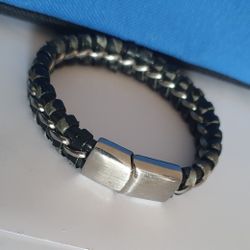 Chisel Stainless Steel And Black Leather Brushed And Polished Bracelet