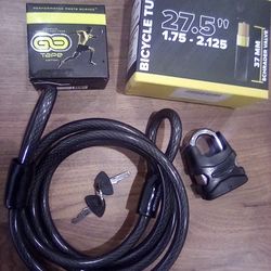 Bicycle Chain And Lock, Two Tire Tubes, And Kinesiology Tape