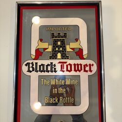 Vintage black tower mirror bar, sign, wood frame, the white wine in a black bottle excellent condition