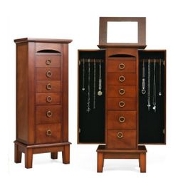 Wooden Jewelry Cabinet Storage Organizer With 6 Drawers
