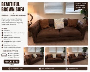 Beautiful Brown Tufted Sofa – Excellent Condition – $349