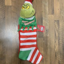 Animated Musical Merry Christmas Grinch Stocking Head 27.5in Moves Ears