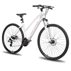 Hiland 700C Hybrid Bike, 24 Speed Aluminum Commuter Mountain Bicycle with Suspension Fork for Women Men Adult White
