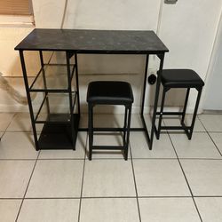 3-Piece Dining Table Set, High Top, PU Padded Chairs, Space Saving and Storage Shelves.