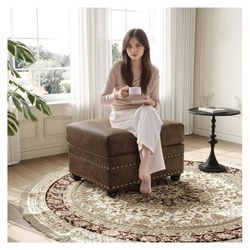 Faux Leather Ottoman with Storage, Rectangle Ottoman Coffee Table with Nailhead Trim, Solid Wood Legs, Oversized Upholstered Footrest Stool 