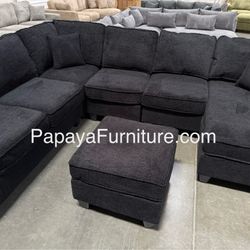 New! Large Sectional Sofa And Ottoman, Reversible Chaise Couch, Sectional, U-shaped Sofa, Sectionals Sofas, Couch,Black Sectional,Chenille Fabric Sofa