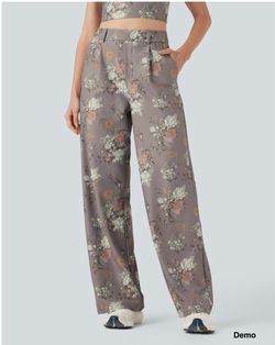 Halara X Yukiko High Waisted Straight Leg Floral Print Casual Pants with Pockets (Regular; Large)
