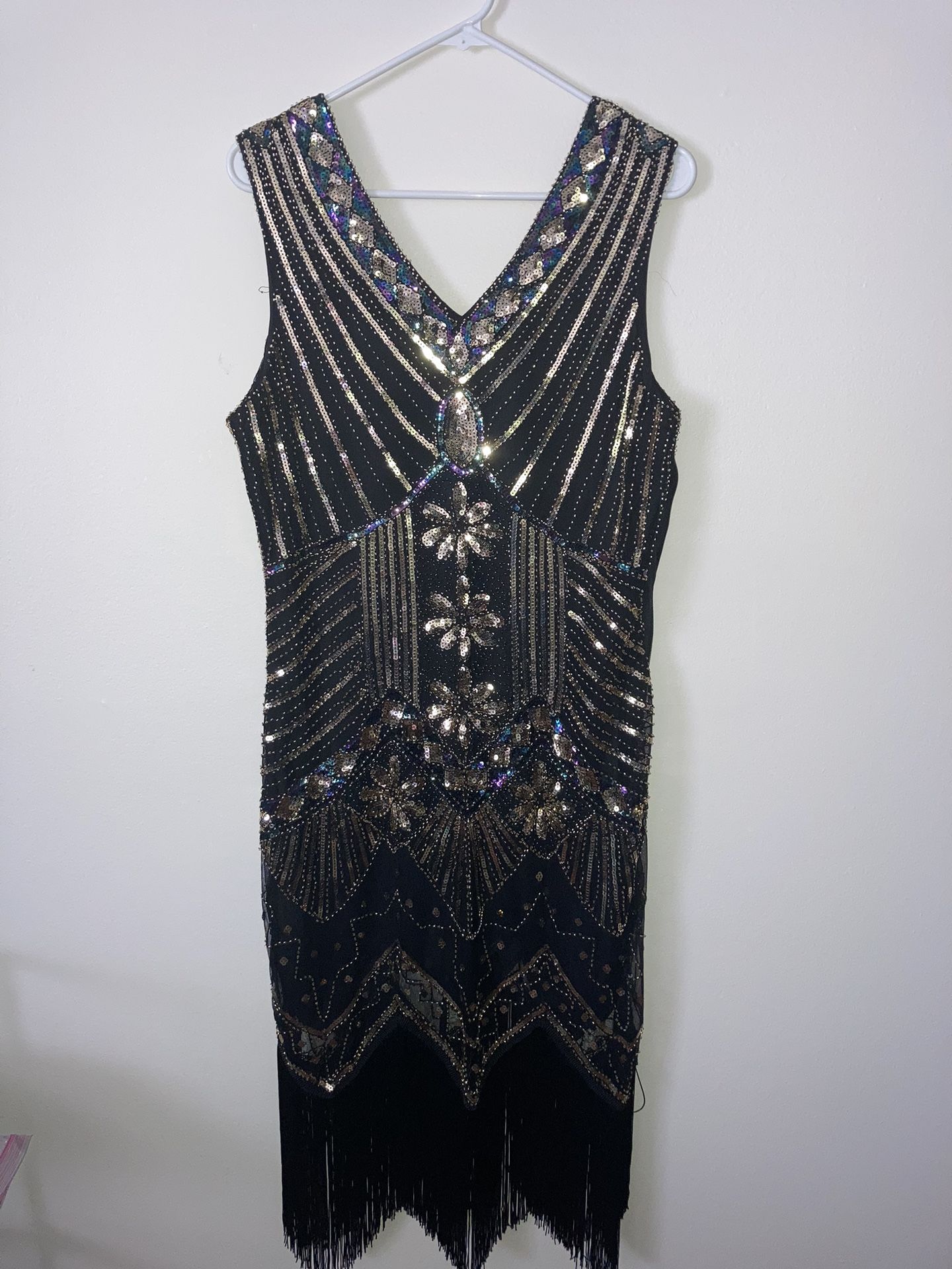 Vintage 1920s Deco Gold and Black Veronique Fringe Flapper Dress, 2XL *NEW*