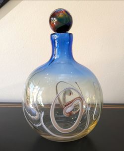 Signed Adam Jablonski Blue Art Glass Decanter w/ Applied White Trailing