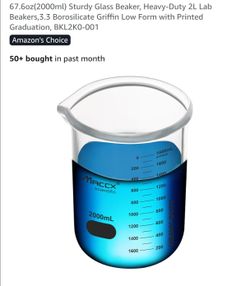 67.6oz(2000ml) Sturdy Glass Beaker, Heavy-Duty 2L Lab Beakers,3.3 Borosilicate Griffin Low Form with Printed Graduation, BKL2K0-001