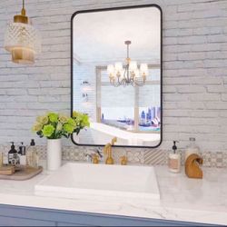 Black Bathroom Mirror for Wall, 20x28 Inch Metal Framed Rounded Rectangle Mirror, Wall-Mounted Bathroom Vanity Mirror for Over Sink, Matte Black Wall 