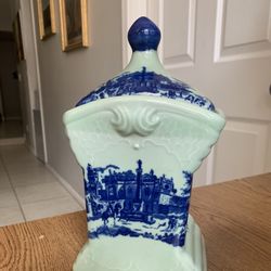 Vintage Chinese Cobalt Blue and Teal Green  Canister  Jar With Lid City Scape 