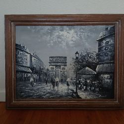 Framed Black & White City Street Painting - Signed