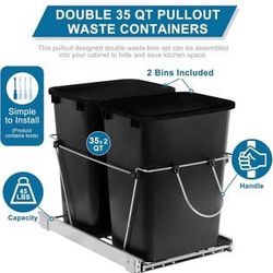 New Sliding Pull Out Double Trash Bins 35 Quart Kitchen Cabinet Black