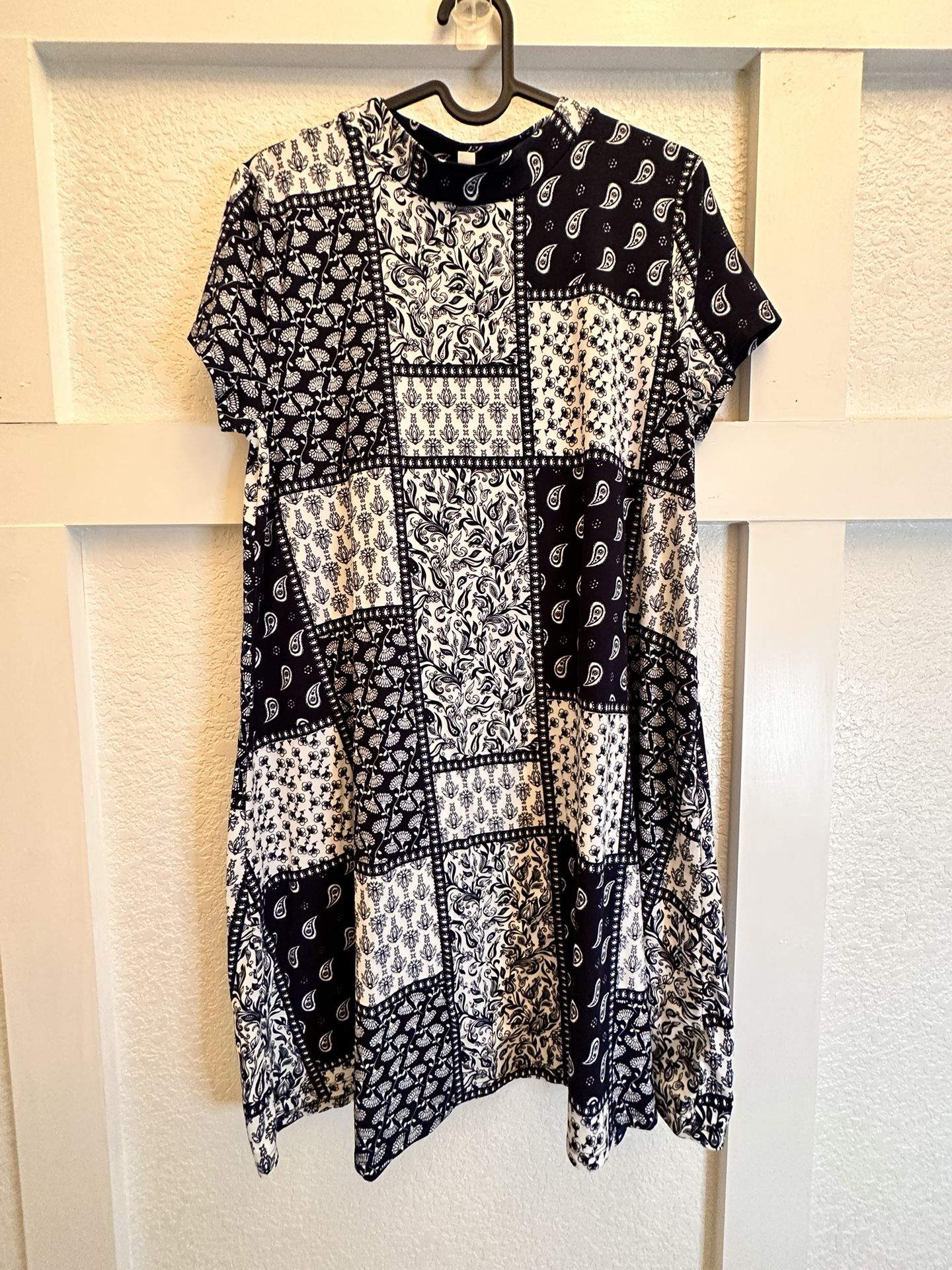 Pink Rose | Women Dress | Blue And White Patch Print | Large 