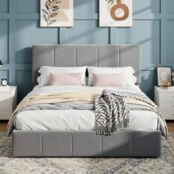 Queen Bed Frame, Velvet Upholstered Platform Bed, Vertical Channel Tufted Adjust