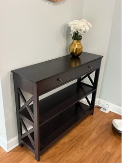 Costway 3-Tier Console Table – Dark Espresso – X-Design – Drawer + 2 Shelves – Good Condition