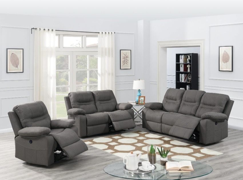 Gray Sofa Set With Manual Recliner