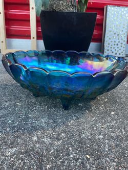 eBay Indiana Harvest Grape Iridescent Blue Oval Footed Fruit Bowl Carnival Glass 12
