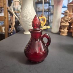 Vintage 1970's Avon Ruby Red Strawberry Bath Foam Bottle Cruet With Stopper, Partially Filled 5" Tall 4OZ - Collectible