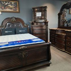 Roma Queen Bed w/ Dresser & Mirror Set w/ Marble Top