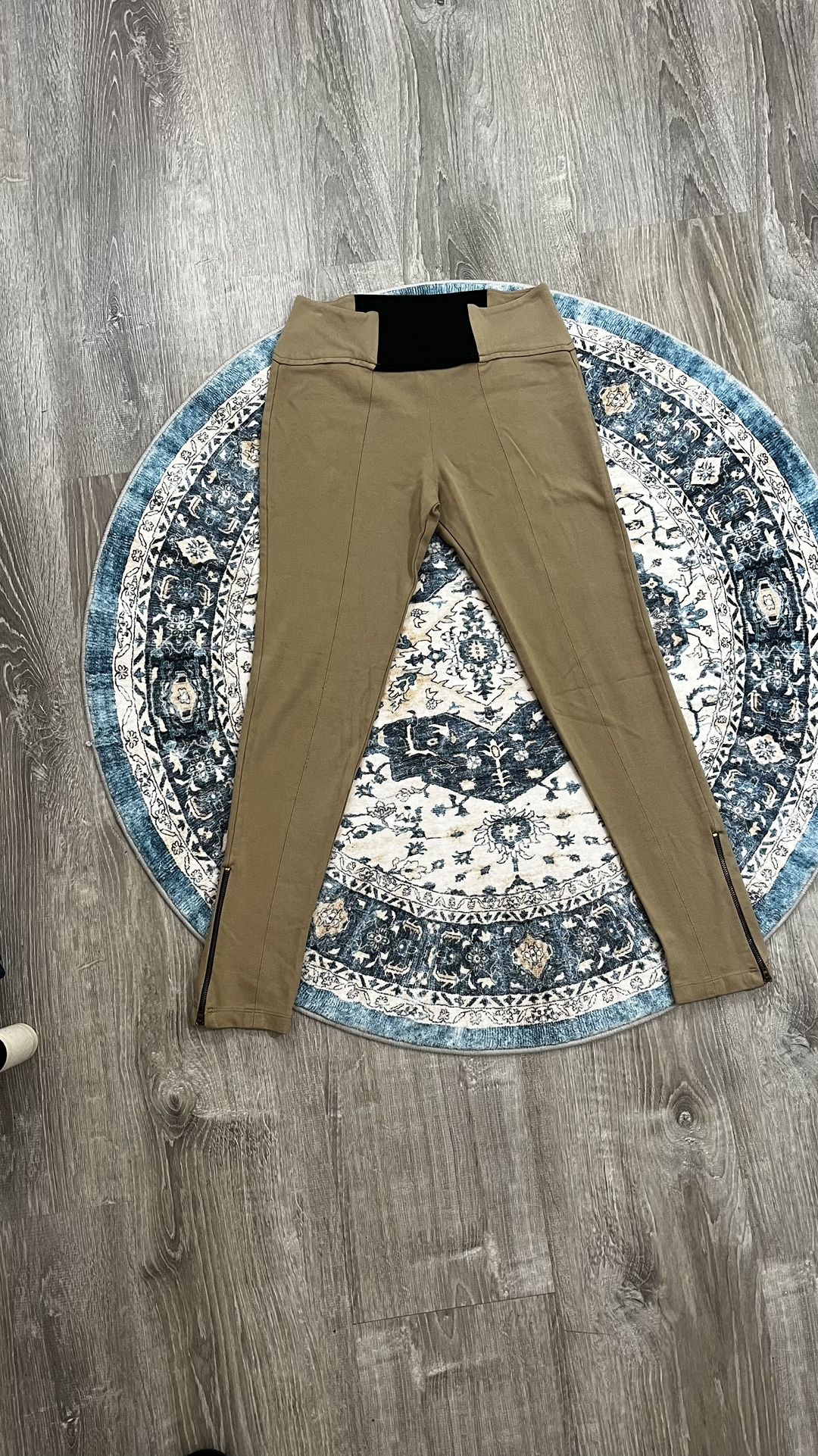Shinestar Small Camel Tan Black Stretch Casual Skinny Slack Pants Gold Zipper