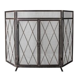 WBHome 3 Panel Wrought Iron Fireplace Screen with Doors Large Flat Guard Metal Decorative Mesh Cover Baby Safe Proof Firewood Burning Stove Accessorie