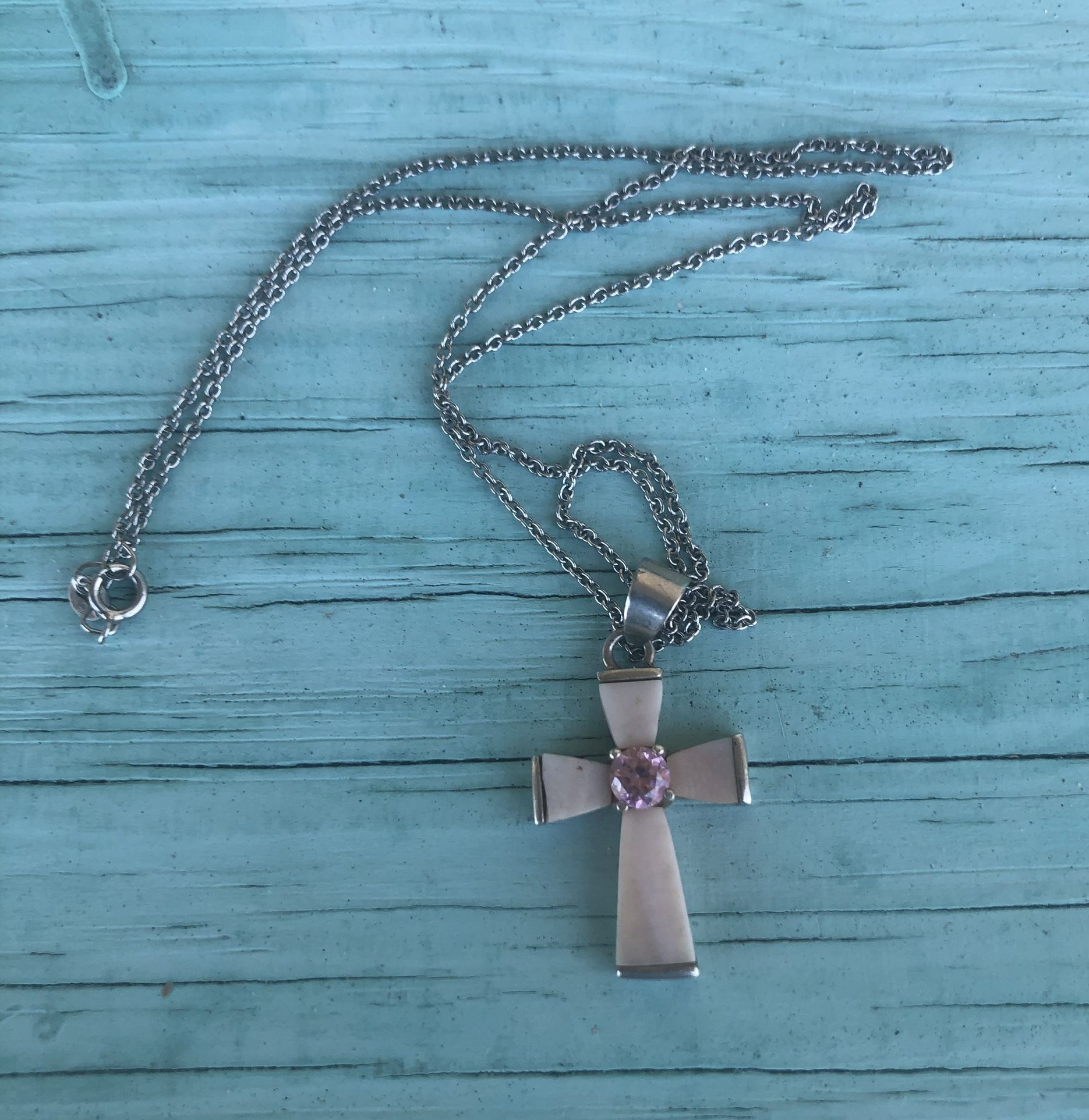 Vintage Sterling Silver Signed Cross Pendant Pink Stone On 18” Silver Chain