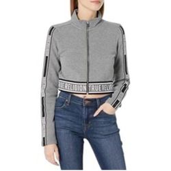 True Religion Woman’s Track Jacket Crop Full Zip Size XL Gray Spell Out Stripe