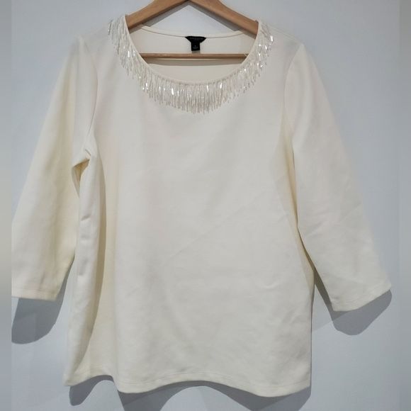 Beautiful Stretchy cream/white beaded fringe collar 3/4 sleeve blouse size L