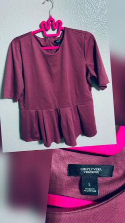 Simply Vera Vera Wang Purple Solid Pleated Round Neck Zip Blouse Short Sleeve L