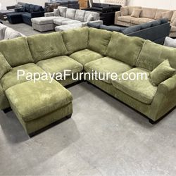 New Plush Sage Green Sectional, Sectional And Storage Ottoman, Sectionals, Sofa, Couch, Beige Couch, green Couch, Corduroy Sectional, plush Sofa Couch