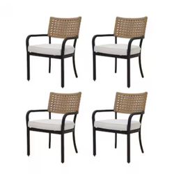 allen +roth Caledonia Set of 4 Wicker Stackable Black Steel Frame Stationary Dining Chair with Cream
