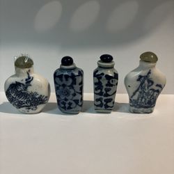 4 Blue & White Antique Snuff Bottle 1-2 In Tall , 2-3 Inches Wide, All Have Their Tops 