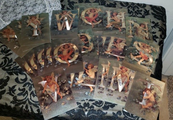 VINTAGE ORNATE GOLD FLORAL FLOWER CHERUB ANGEL ALPHABET LETTER ABC'S PICTURE ART DECOR