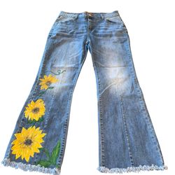 Reworked Upcycled Womens Jeans High Rise Flair Bottom Boho Hippie Hand Painted   These Reworked Upcycled Women's Jeans feature a high-rise fit with a 