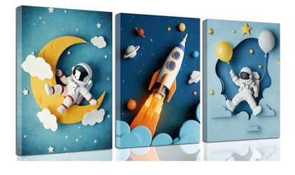 3Pcs, Size: 16"L x 12"W Nursery Space Canvas Wall Art Astronaut Space Planets Theme Rocket Spaceman Painting Picture Wall Decor Explore Dream Galaxy P