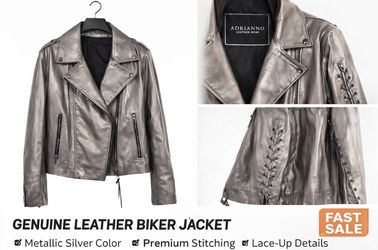🔥🔥 💘 VALENTINE’S DAY SHOCK PROMO 💘 Genuine Leather Metallic Silver Biker Jacket – Adrianno – Brand New 🔥🔥🔥