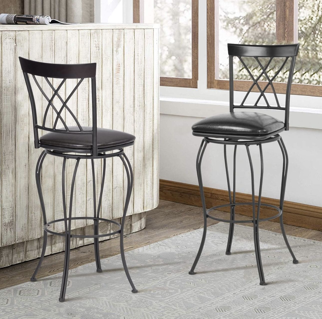 Homy Casa Bar Stools Set of 2, Counter Bar Height Bar Chairs with Backs and Footrest, Armless Swivel Bar Chairs for Kitchen Island, Dining, Living Roo