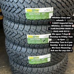 SET OF NEW TIRES, 265/70R16 TBB AT, INCLUDING MOUNTING AND BALANCING. ASK ME FOR ANY SIZE OR BRAND, LLANTAS NUEVAS