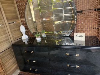 Black Lacquer Dresser with Round Mirror made in Italy (heavy) $88