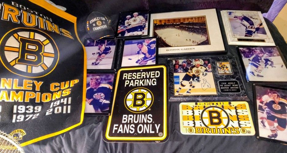 Boston Bruins Memorabilia. Plauqes, Framed Photos, Hat, Banner, Sign, License Plate Dec.