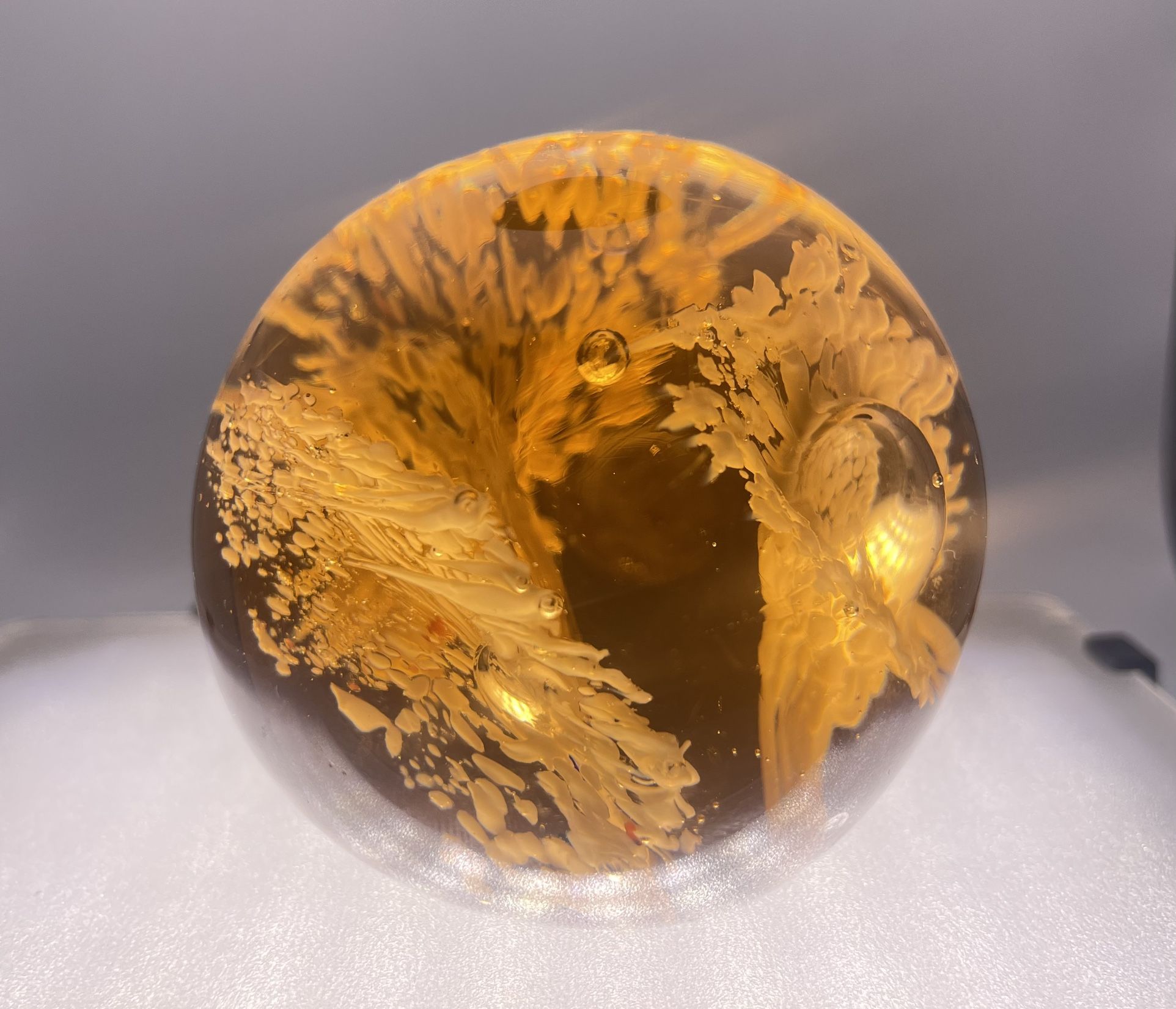 Beautiful Vintage Art Glass Paperweight Controlled Bubbles Amber Glass Feathered Plumage Design