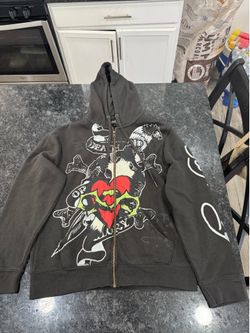 Ed Hardy 'Death  Or Glory' Tattoo Graphic Zip-Up Hoodie - Adult Small⁠
