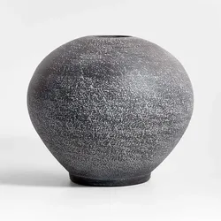 Crate & Barrel-Round Ceramic Vase Gray Textured Finish