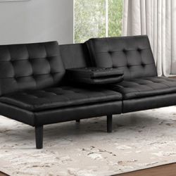 Brand New Black Leather Futon Sofa Sleeper w Cup Holders 