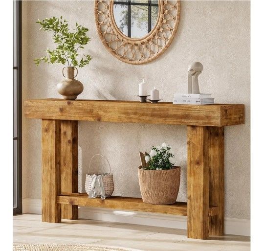 F2322) 63-Inch Solid Wood Long Console Table, Farmhouse Narrow Entryway Sofa Table with 2-Tier Storage, for Living Room, Hallway, Entrance, Rustic